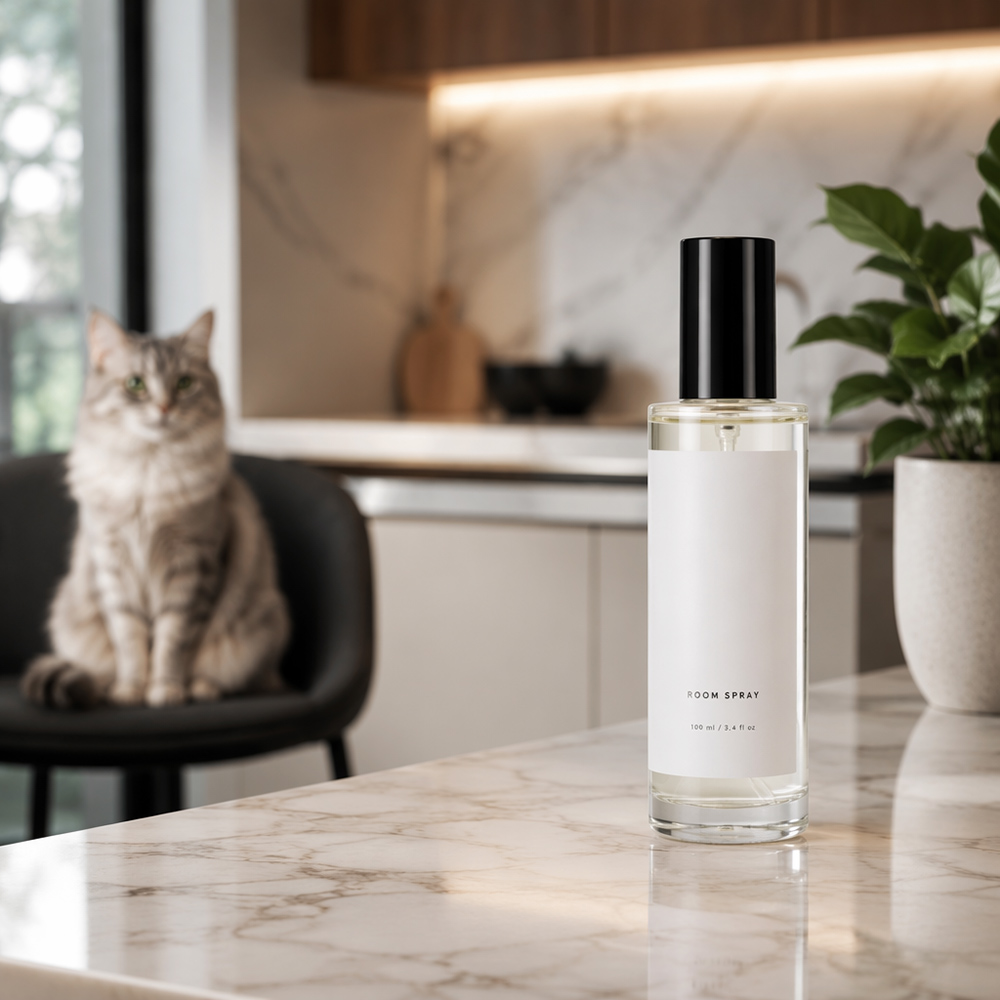 Non toxic room spray on a marble kitchen counter featuring scents safe for cats.